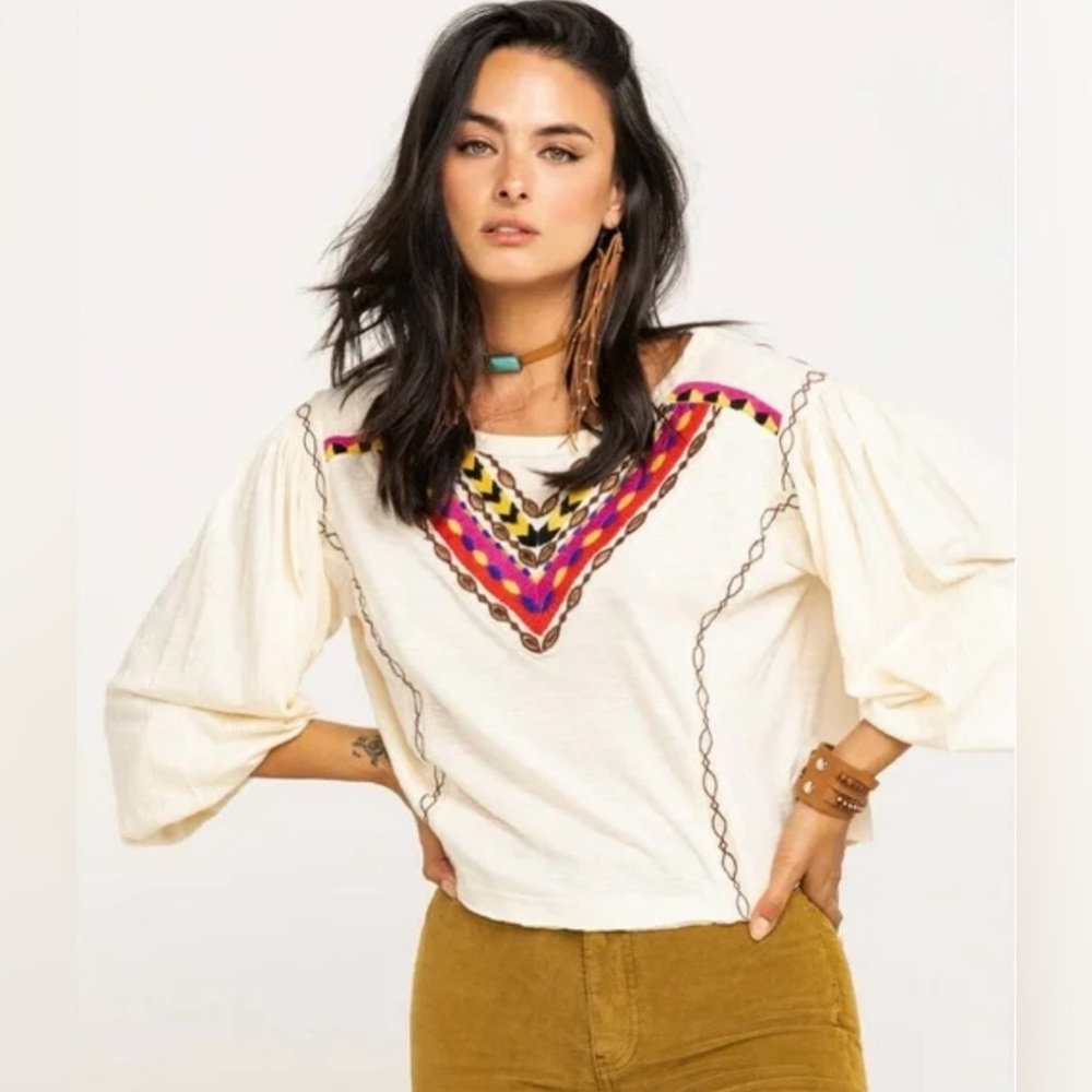 Free People Hand Me Down Embroidered Cream Top. Size XS